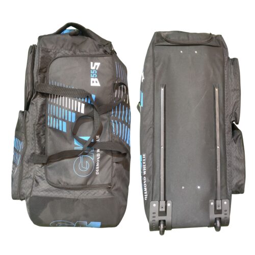 Gunn & Moore Diamond Wheelie B55S Cricket Bag 2025 | Front and Back View Combined - Ideal for Cricketers in Pakistan Combined front and back view of the Gunn & Moore Diamond Wheelie B55S Cricket Bag 2025, offering a full look at its stylish, functional design, a top choice for Pakistani cricket enthusiasts.