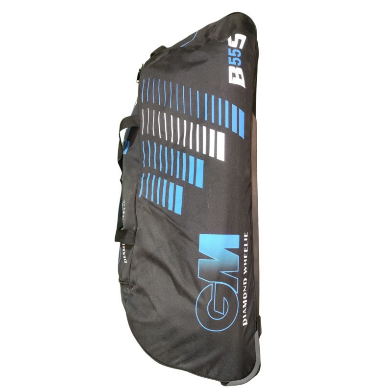 Side profile of the Gunn & Moore Diamond Wheelie B55S Cricket Bag 2025, featuring durable wheels and a sleek design for easy transport, perfect for cricketers in Pakistan.
