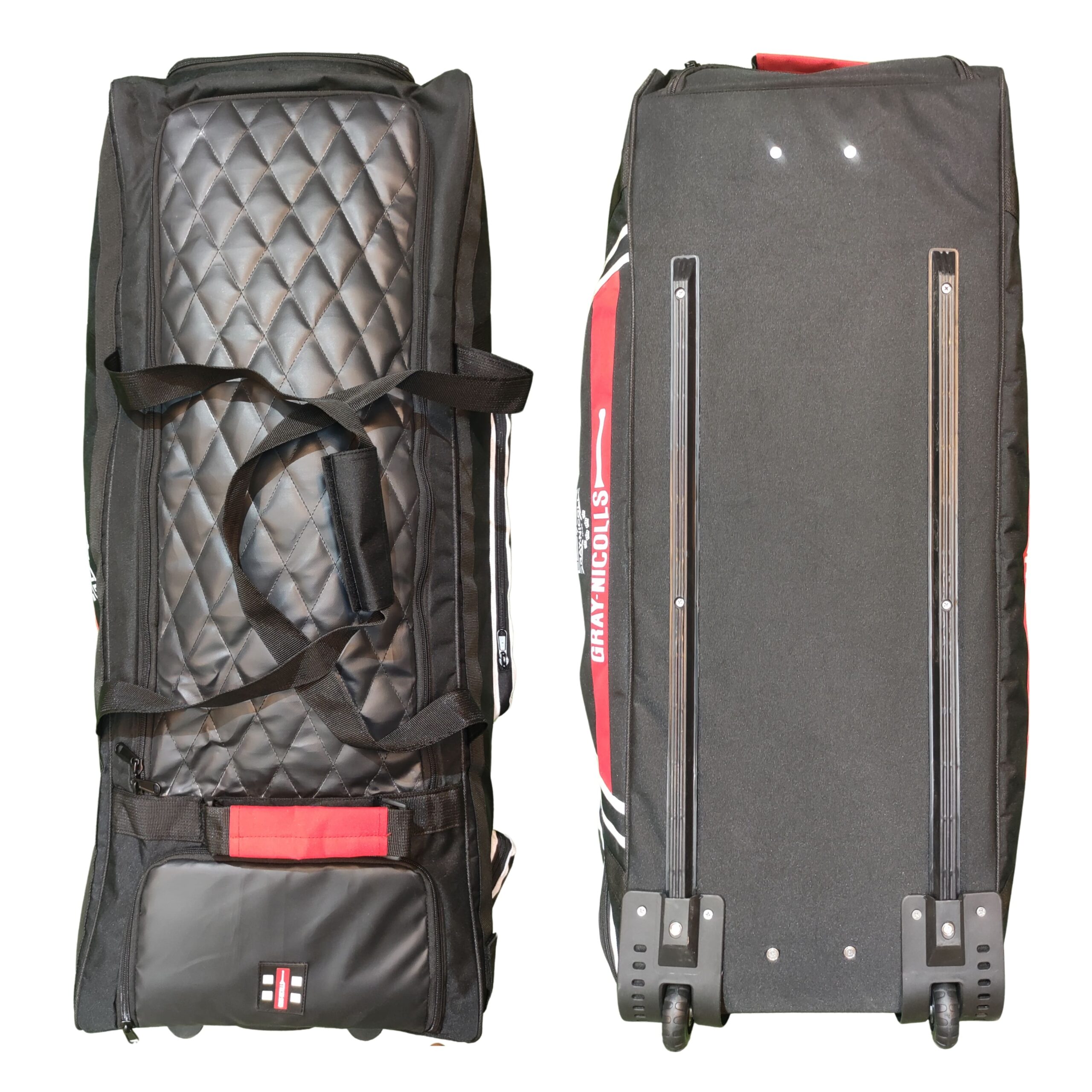 Combined front and back view of the Gray Nicolls Legend 1.1 Wheelie Cricket Bag 2025, showing its durability, spacious compartments, and easy transport wheels, ideal for Pakistani cricketers.