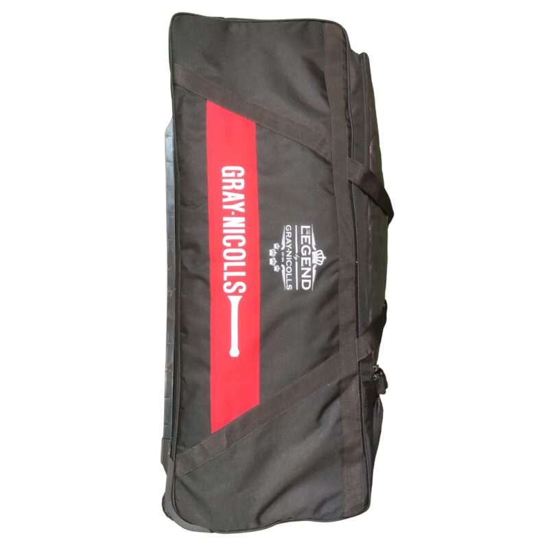 Side view of the Gray Nicolls Legend 1.1 Wheelie Cricket Bag 2025, showing smooth wheels and spacious compartments, designed for cricketers in Pakistan.