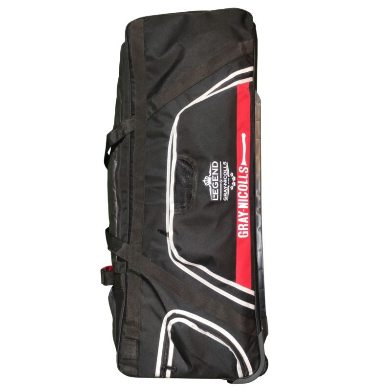 Side 2 view of the Gray Nicolls Legend 1.1 Wheelie Cricket Bag 2025, showcasing its durable build and functional storage compartments, ideal for Pakistani cricketers. Caption: