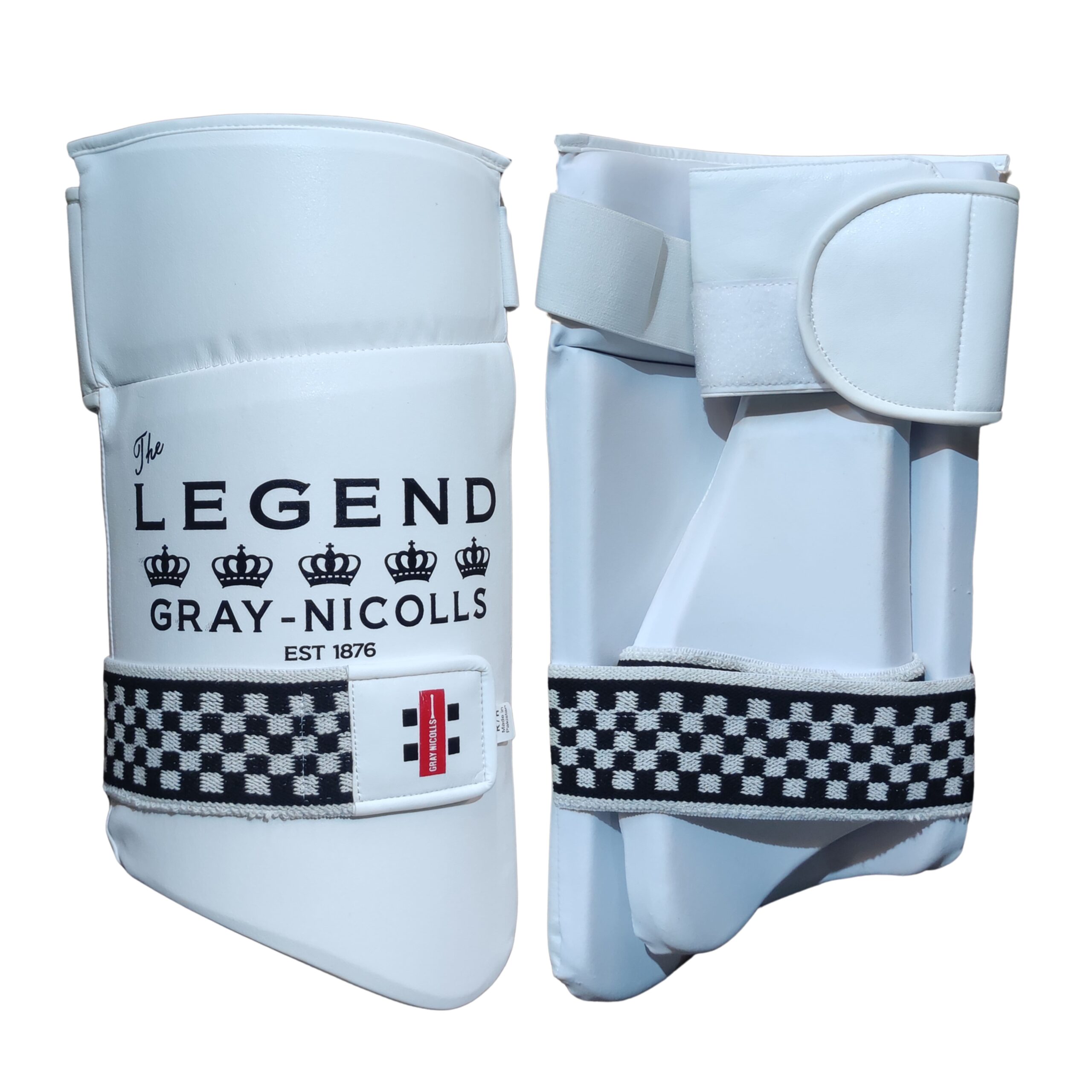 Gray-Nicolls Legend Thigh Pad 2025 Front & Back Combined View – Cricket Gear Pakistan Combined front and back view of Gray-Nicolls Legend Thigh Pad 2025 cricket guard for players in Pakistan