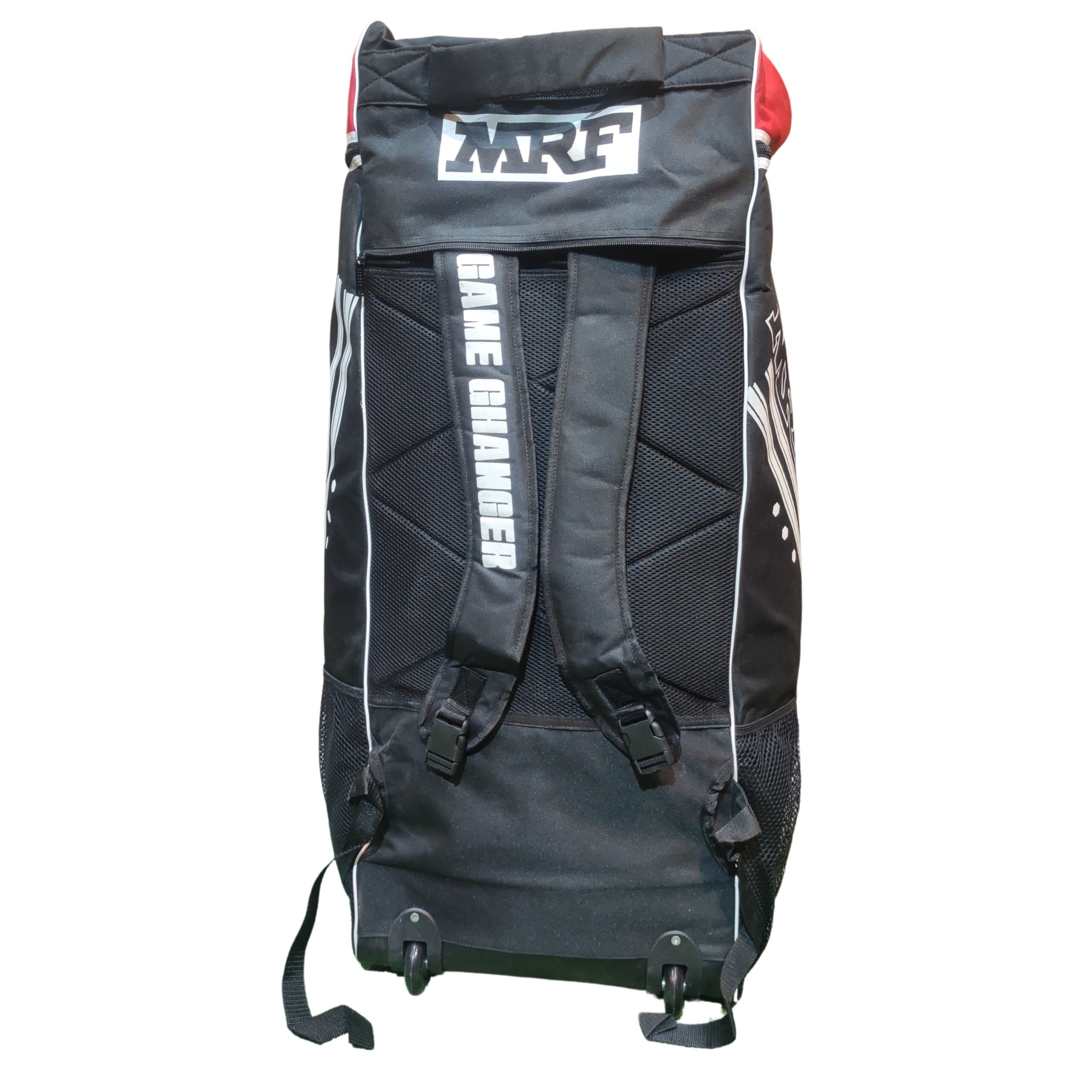 MRF Game Changer Wheelie Duffle Bag 2025 Back View – Sturdy Wheels Pakistan Back view of MRF Game Changer Wheelie Duffle Bag 2025 with sturdy wheels, perfect for travel in Pakistan