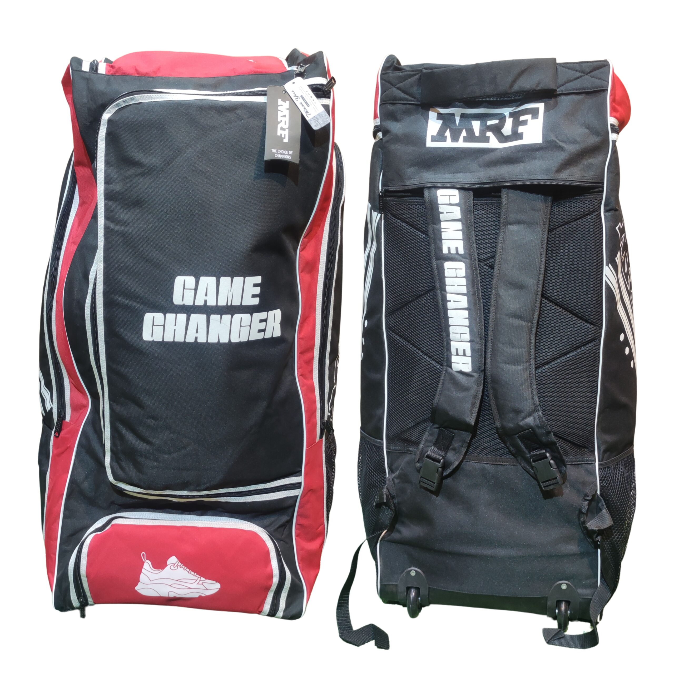 MRF Game Changer Wheelie Duffle Bag 2025 Front & Back Views – Durable & Travel-Ready for Pakistan Front and back views of MRF Game Changer Wheelie Duffle Bag 2025 showcasing durable design and smooth wheels, ideal for travelers in Pakistan