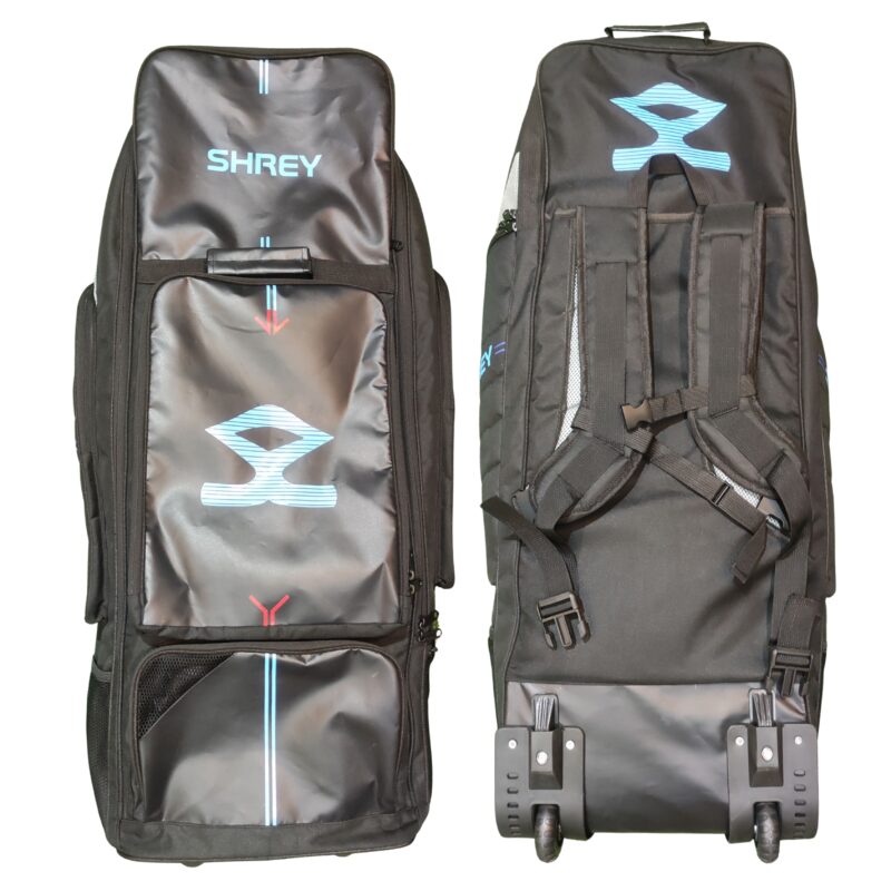 Shrey Meta 120 Duffel Wheelie Bag 2025 combined front and back views, designed for durability and spaciousness.