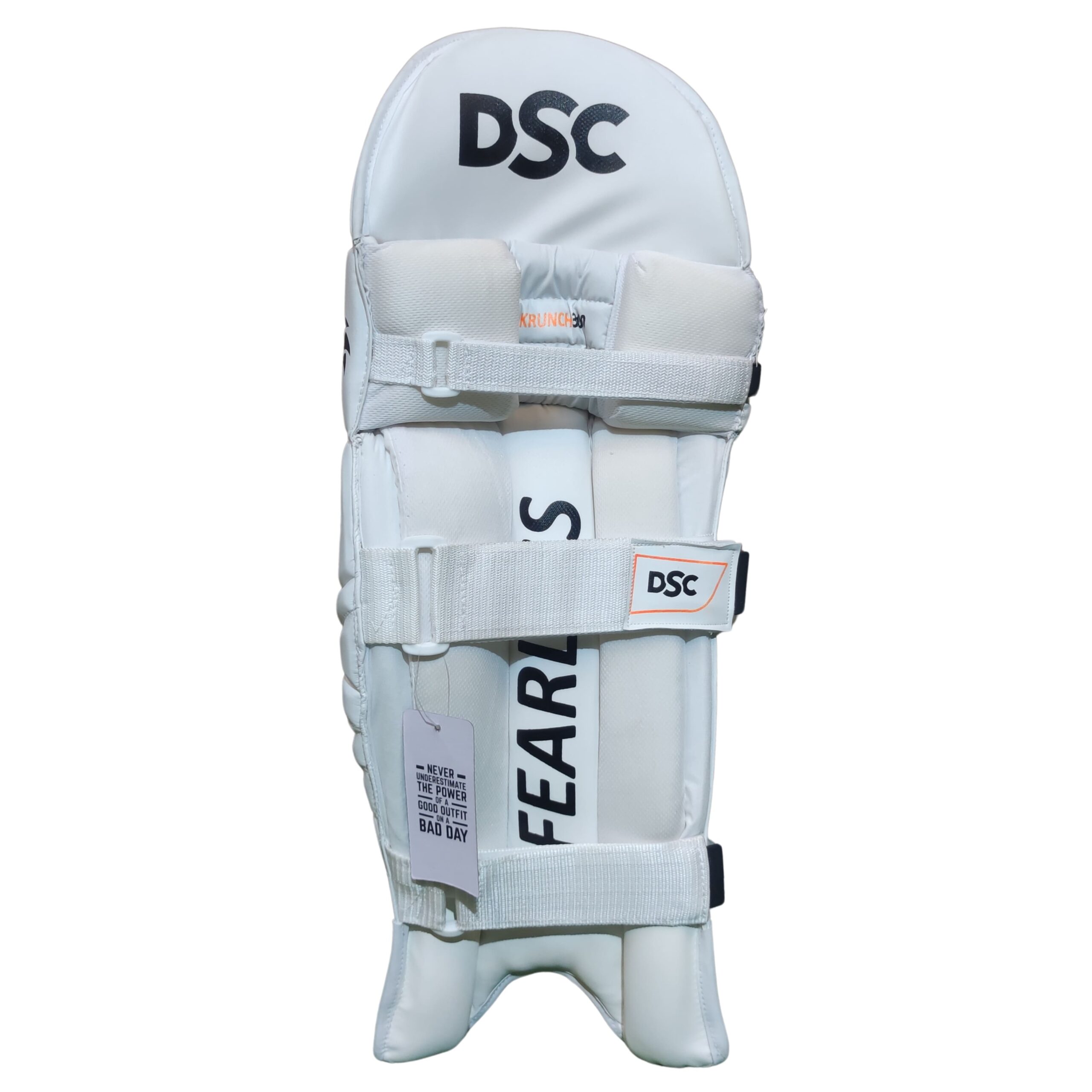 Back view of DSC Krunch 300 Cricket Batting Pads highlighting the breathable mesh bolsters and 2” wide butterfly straps.