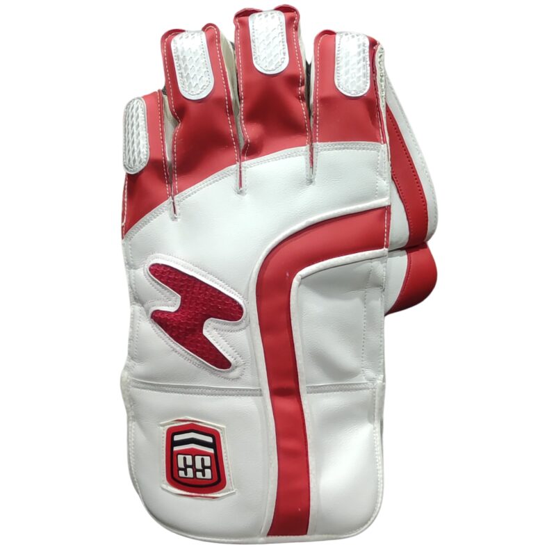 Front view of SS Limited Edition Wicket Keeping Gloves 2025 showing grip and design, made for cricket players in Pakistan