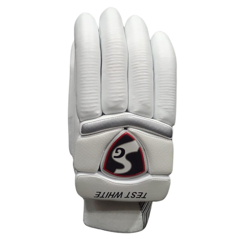 Front View of SG Test Batting Gloves 2025 - Premium Comfort and Grip SG Test Batting Gloves 2025 front view showcasing premium padding, comfort, and high-performance features for cricket players in Pakistan