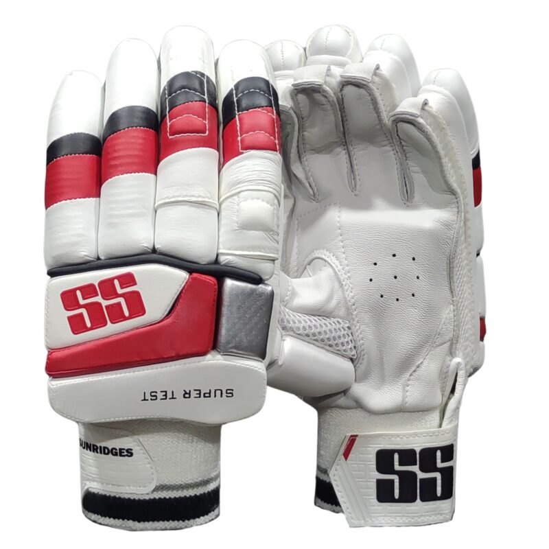 "Front and back view of SS Premium Super Test Batting Gloves 2025, showcasing comfort, protection, and grip for cricketers in Pakistan"
