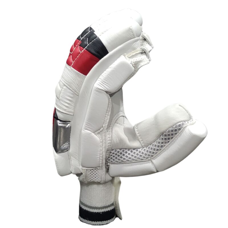 "Side view of SS Premium Super Test Batting Gloves 2025 showing enhanced grip and ergonomic design for better control during cricket in Pakistan"