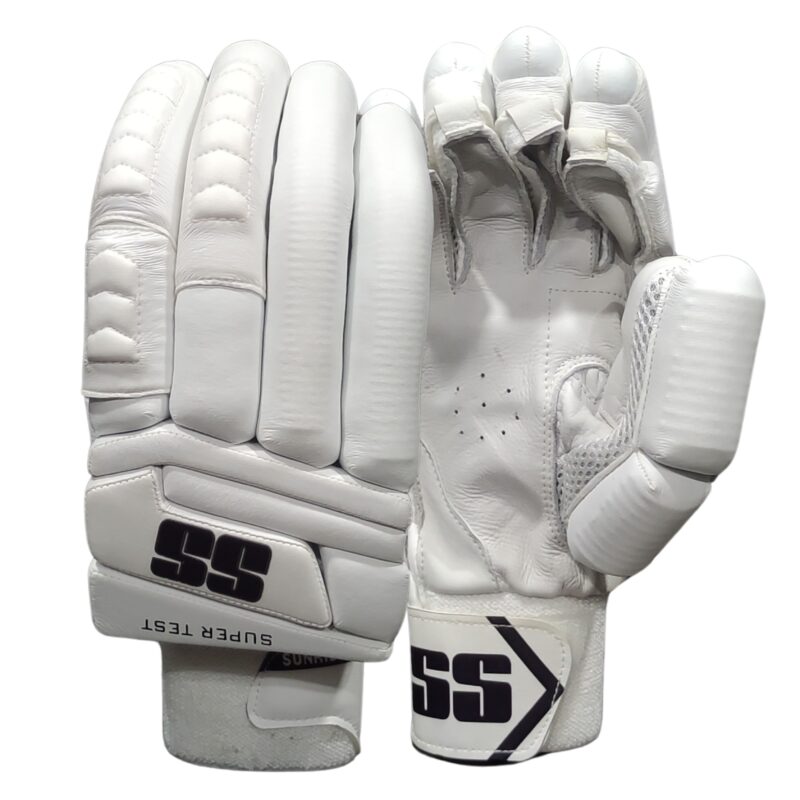 "SS Super Test Batting Gloves 2025 full front and back view – Complete protection and comfort for cricketers in Pakistan."