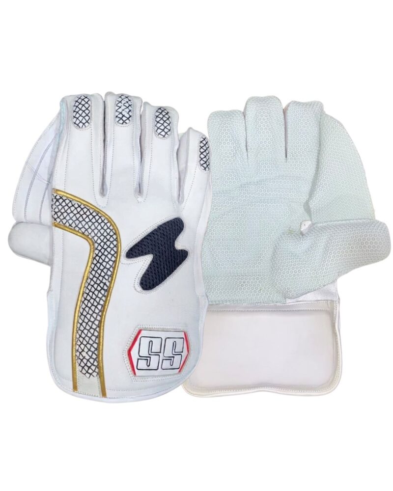 4 SS Golden Strip Wicket Keeping Gloves – White & Gold Cricket Keeping Gloves